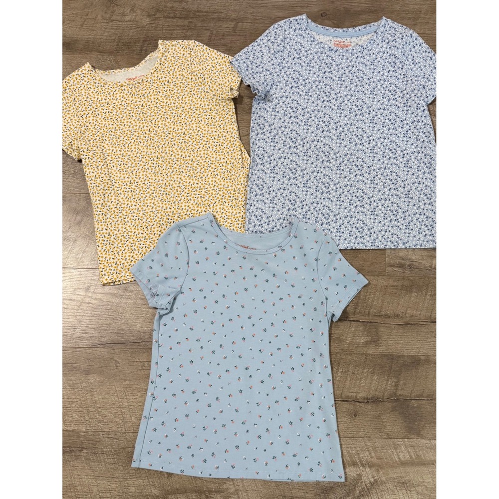 Cat & Jack Girls Floral T-Shirt Bundle Set of 3 Blue Yellow Size L 10/12